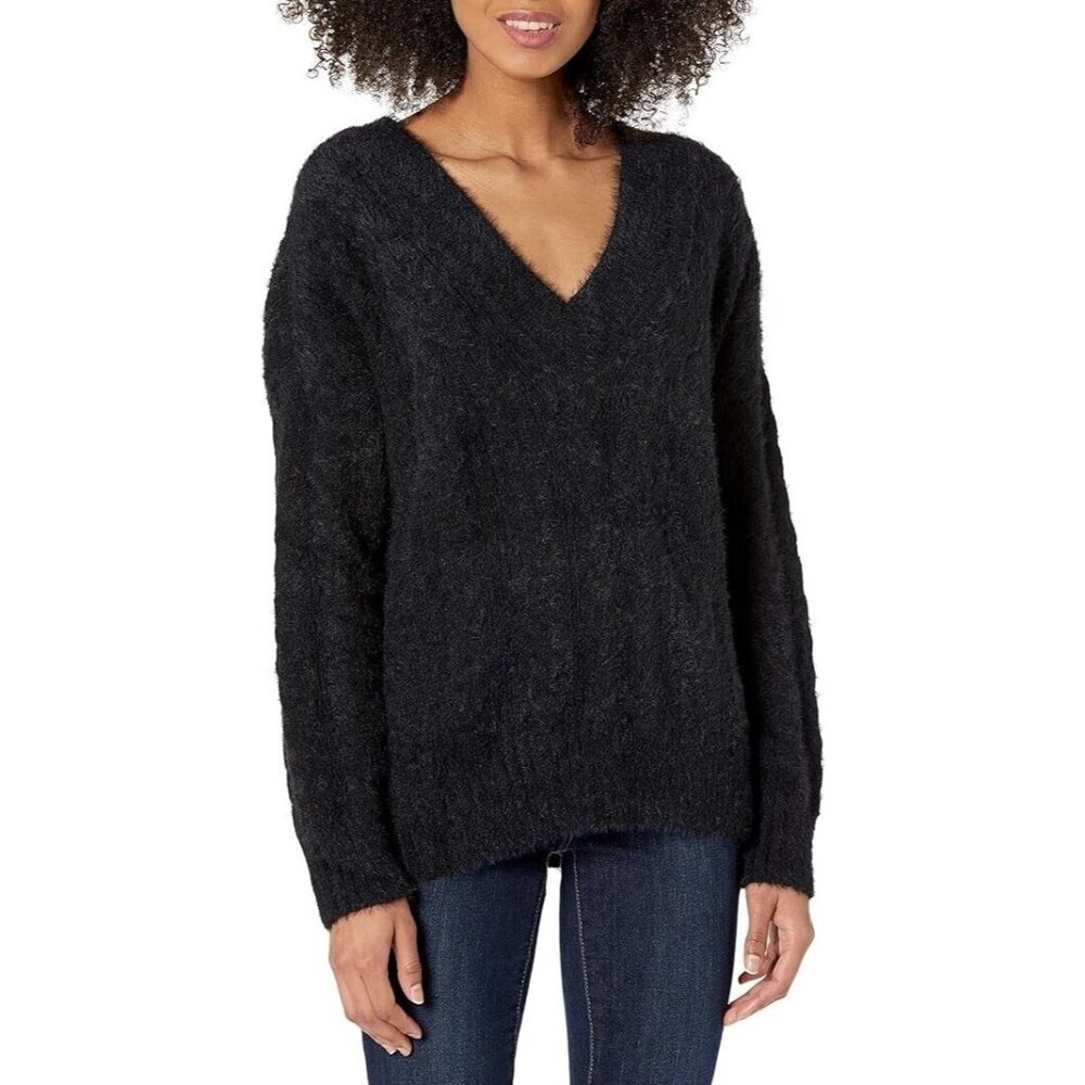 Lucky Brand V-Neck Relaxed Fit Soft & Fuzzy Eyelash Sweater - Jet Black‎